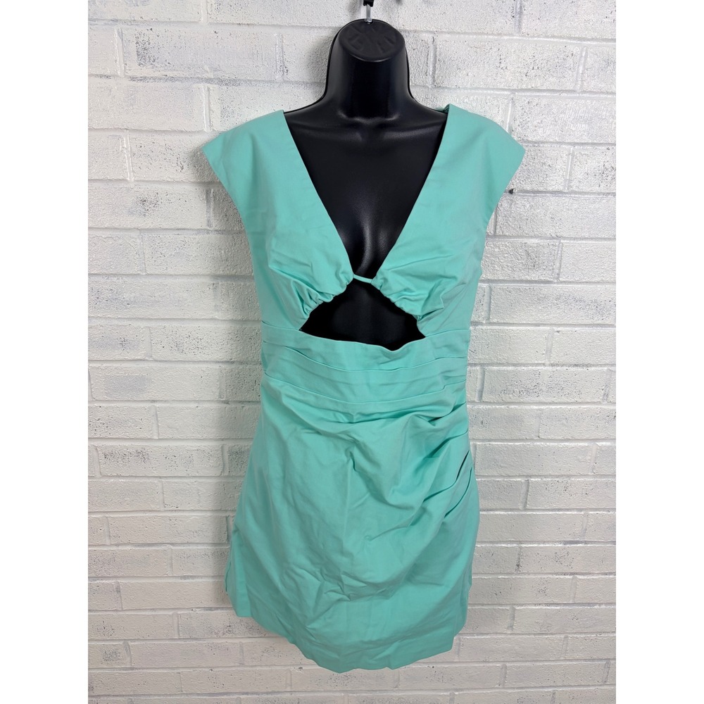 Shona Joy Mini Dress Women 12 Turquoise Cut Out Ruched V-Neck Cocktail